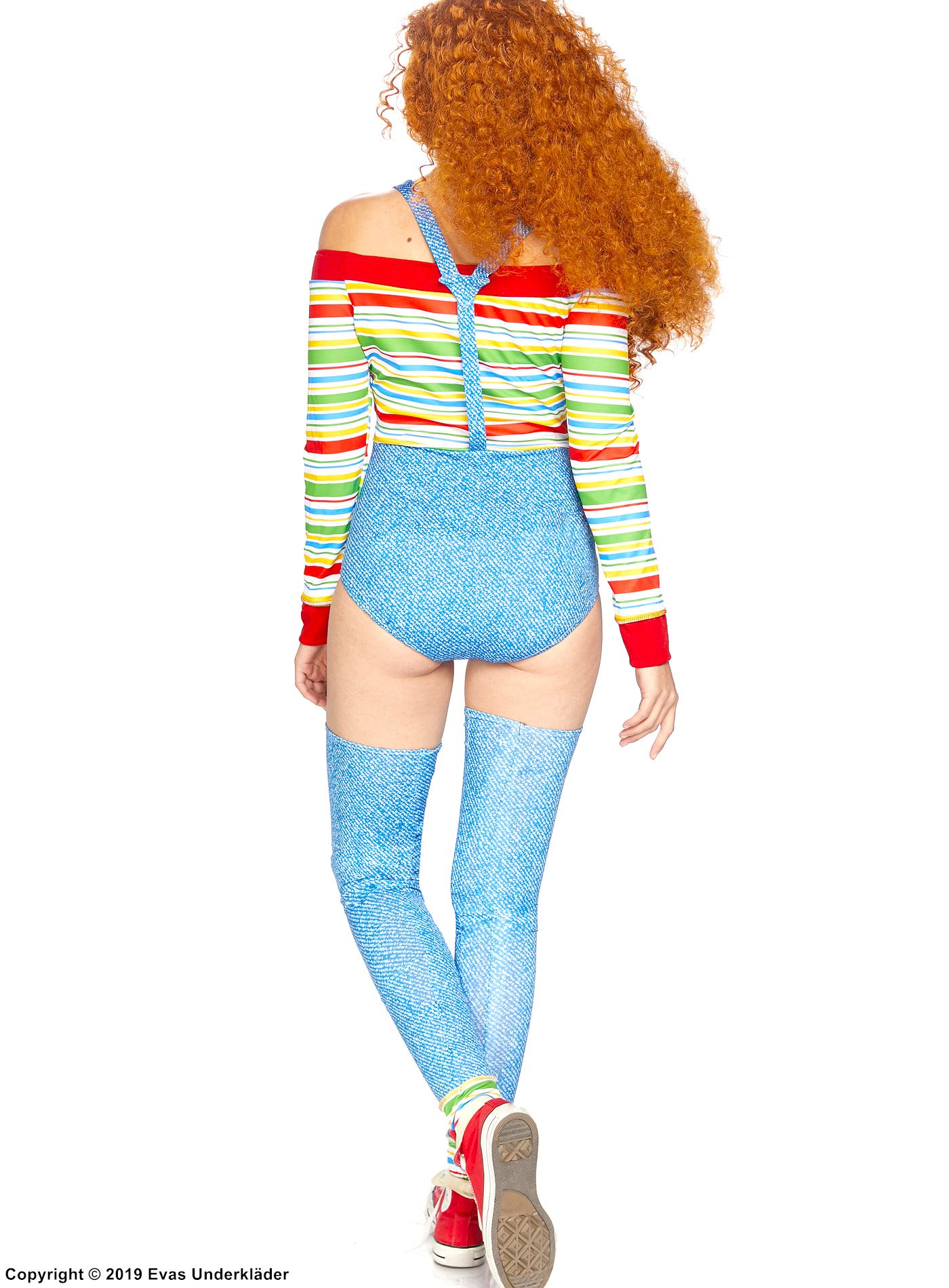 Chucky fra Child's Play (kvinne), kostymeundertøysbody, knapper, off-shoulder, fargerike striper